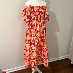 Maxi Long off the shoulder Pink Orange Flower Dress